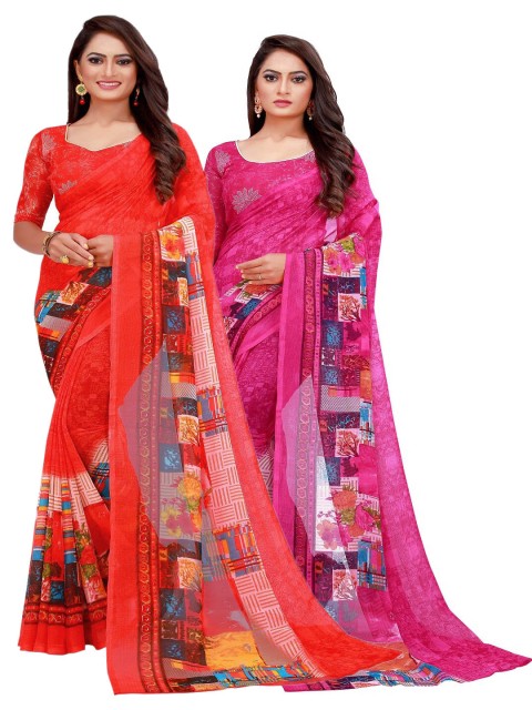 

Silk Bazar Pack Of 2 Red & Pink Floral Pure Georgette Saree