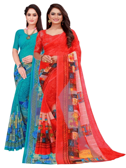 

Silk Bazar Pack Of 2 Teal & Red Floral Pure Georgette Saree