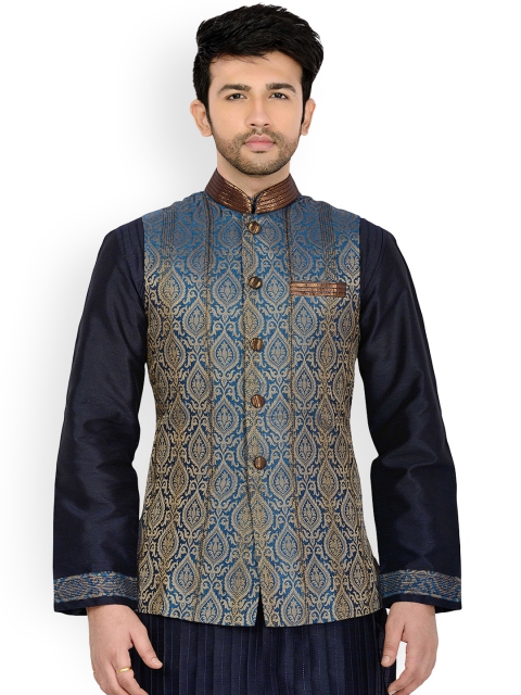 

Manyavar Blue Woven Design Nehru Jacket
