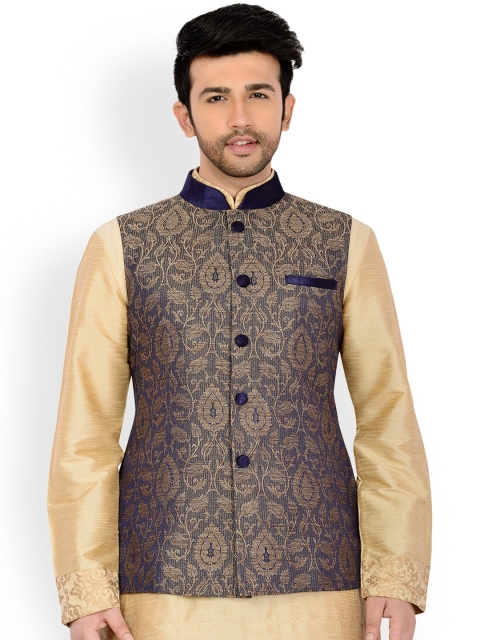 

Manyavar Blue & Beige Jacquard Nehru Jacket