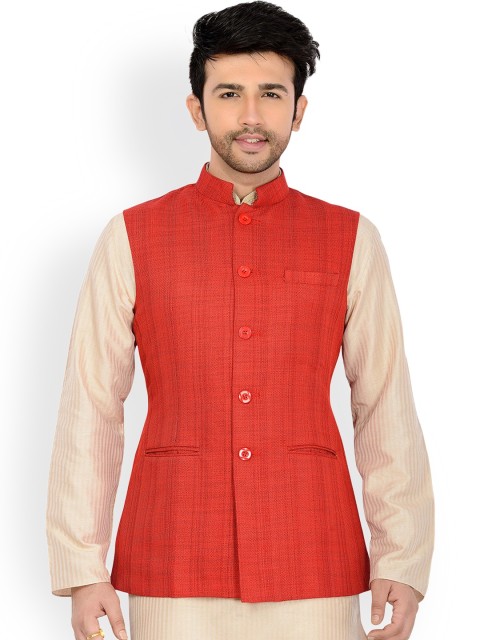 

Manyavar Red Self-Design Nehru Jacket