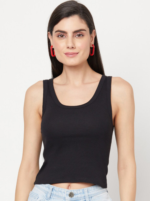 

YOONOY Women Black Solid Tank Crop Top