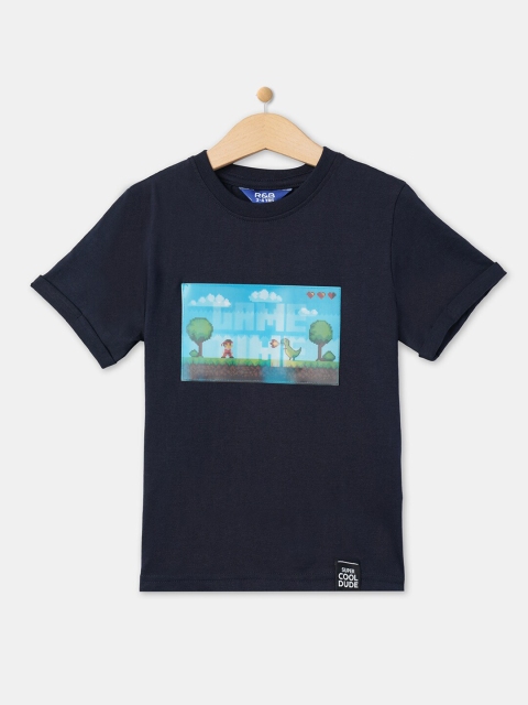 

R&B Boys Navy Blue Printed Round Neck Cotton T-shirt