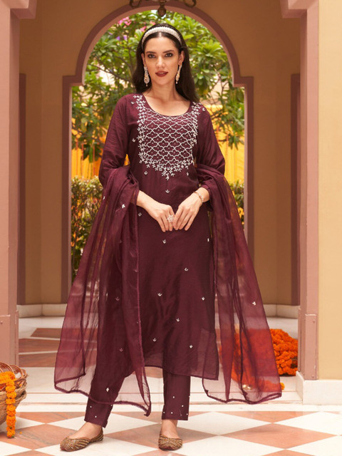 

AUTUMN LANE Women Maroon Embroidered Kurta with Trousers & Dupatta