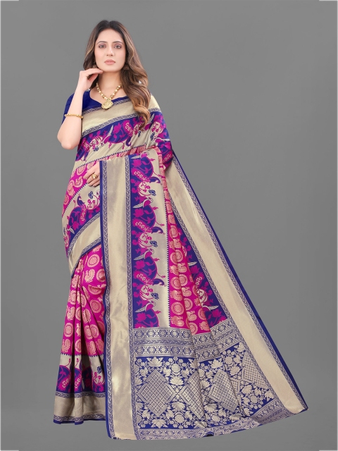 

KALINI Blue & Pink Woven Design Zari Silk Cotton Saree