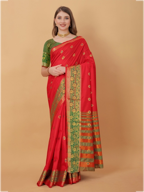 

KALINI Red & Green Woven Design Zari Silk Cotton Saree