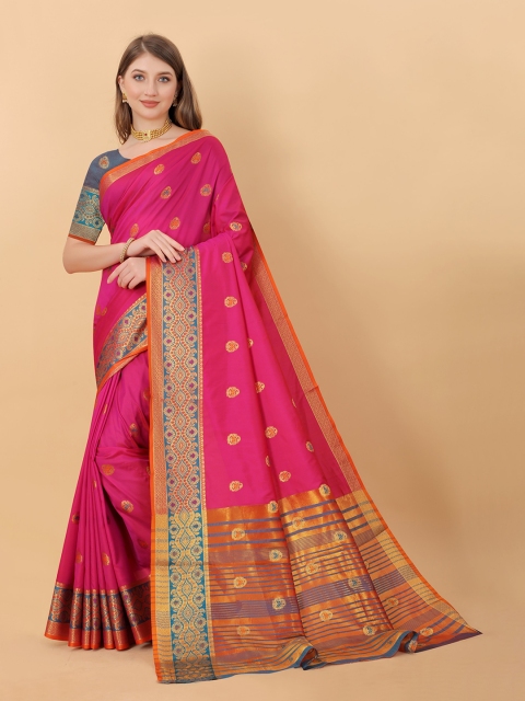 

KALINI Pink & Orange Woven Design Zari Silk Cotton Saree