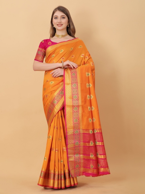 

KALINI Yellow & Green Woven Design Zari Silk Cotton Saree