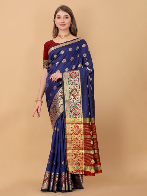 

KALINI Navy Blue & Red Woven Design Silk Cotton Saree