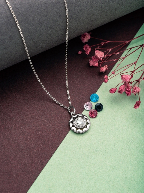 

SILBERRY 925 Sterling Silver Rhodium-Plated Silver-Toned White CZ-Studded Pendant With Chain