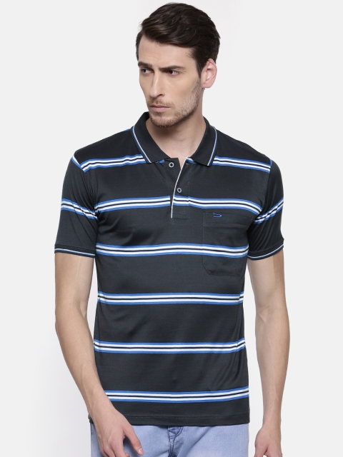 

Duke Men Black & Blue Striped Polo Collar T-shirt