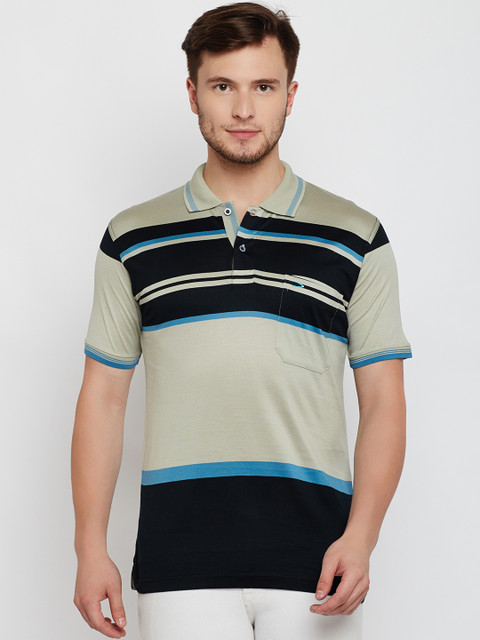 

Duke Men Olive Green & Black Striped Polo Collar T-shirt