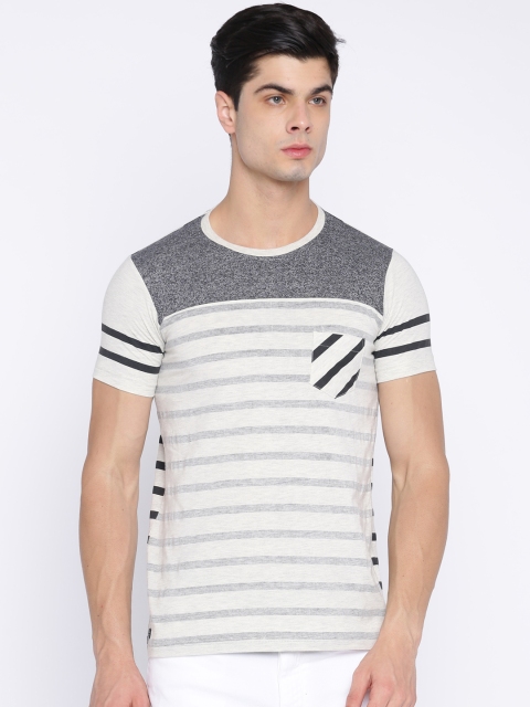 

Duke Men Off-White & Grey Striped Round Neck T-shirt