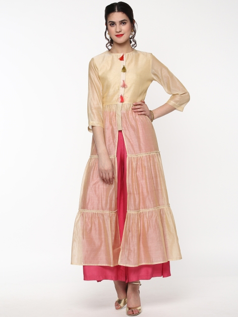 

SASSAFRAS Women Beige Solid A-Line Tiered Kurta