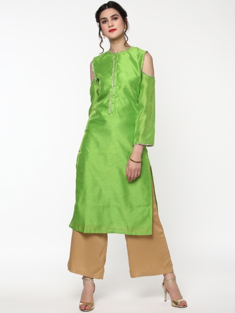 

SASSAFRAS Women Green Cold-Shoulder Straight Kurta