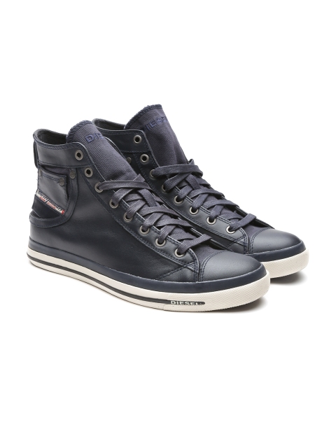 

DIESEL Men Navy Leather Solid Mid-Top Sneakers, Navy blue