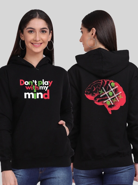 

Mad Over Print Women Black Typography Printed Hooded Sweatshirt