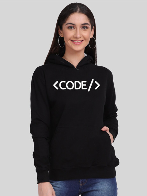 

Mad Over Print Women Black Typography Printed Hooded Sweatshirt