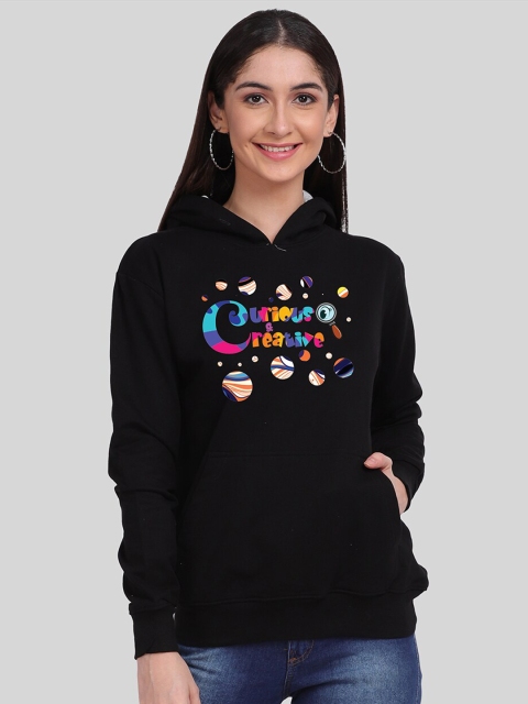 

Mad Over Print Women Black Typography Printed Hooded Sweatshirt