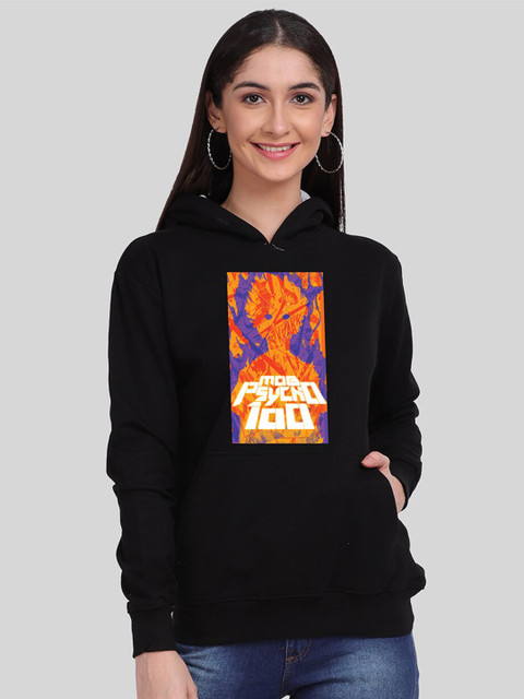 

Mad Over Print Women Black Graphic Printed Hooded Sweatshirt