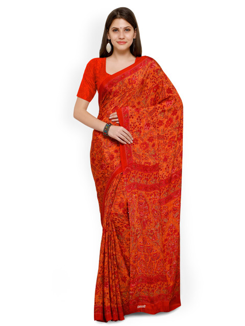 

Ligalz Orange Printed Poly Crepe Saree