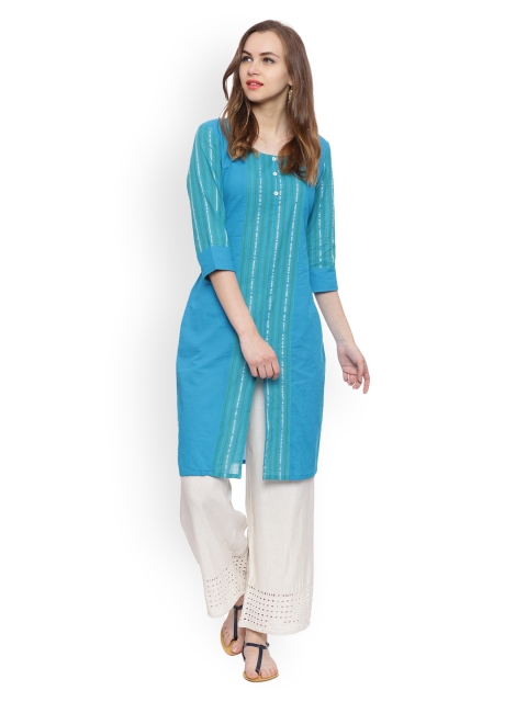 

Avaana Women Turquoise Blue Striped Straight Kurta