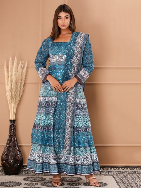 

NeshamaKurti Women Blue Square Neck A-Line Ethnic Dress With Dupatta