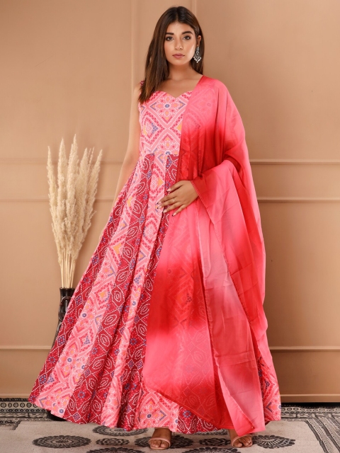 

NeshamaKurti Pink & Red Ethnic Motifs Printed Cotton Ethnic Dress With Dupatta