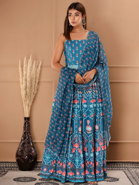 

NeshamaKurti Women Blue Square Neck Fit And Flare Cotton Ethnic Dress With Dupatta