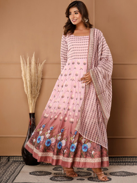 

NeshamaKurti Women Pink Floral Printed A-Line Maxi Ethnic Dress with Dupatta
