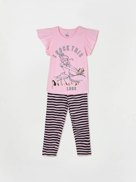 

Fame Forever by Lifestyle Girls Purple & Black Printed Pure Cotton T-shirt with Trousers
