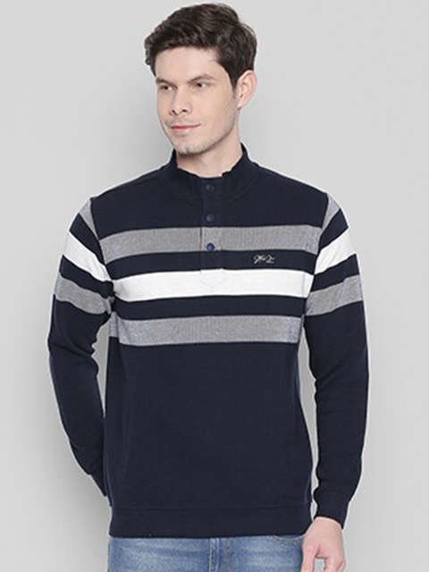 

Status Quo Men Navy Blue & White Striped Cotton Sweatshirt