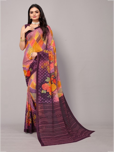 

Fashion FRICKS Purple & Pink Floral Printed Art Silk Saree