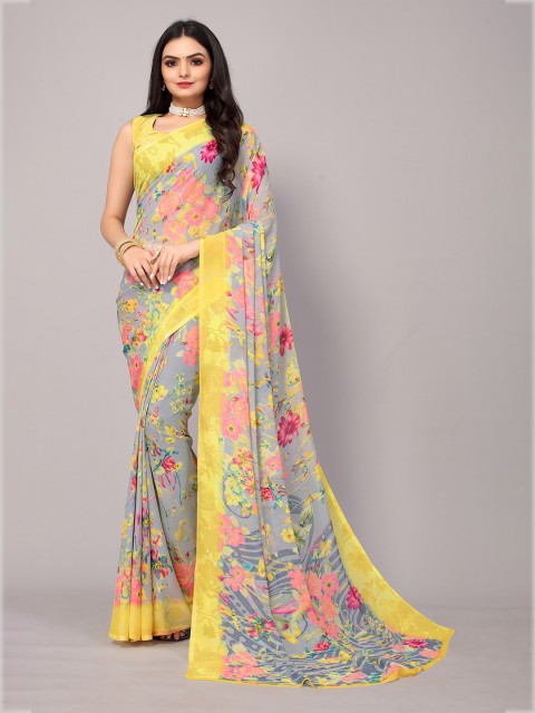 

Fashion FRICKS Yellow & Grey Floral Art Silk Saree
