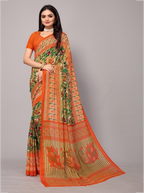 

Fashion FRICKS Olive Green & Brown Floral Art Silk Saree