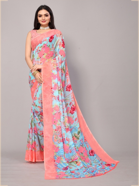 

Fashion FRICKS Pink & Blue Floral Art Silk Saree
