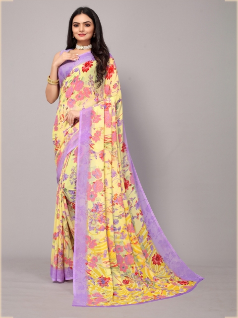 

Fashion FRICKS Yellow & Purple Floral Art Silk Saree