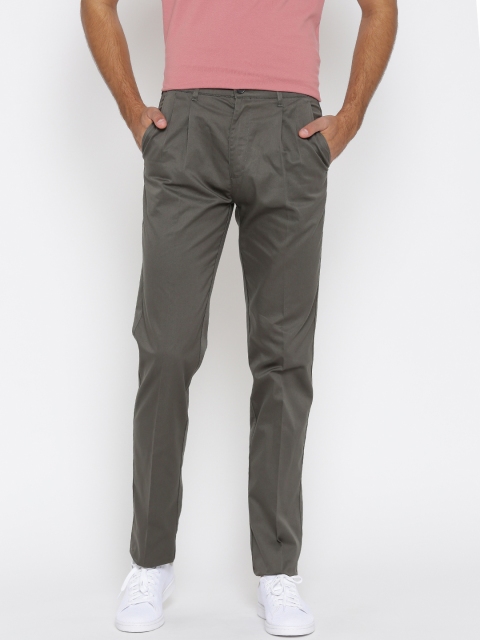 ColorPlus Men Olive Green Custom Fit Solid Regular Trousers