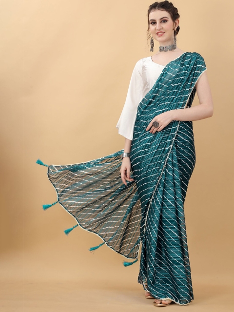 

kasee Blue & White Printed Striped Satin Saree