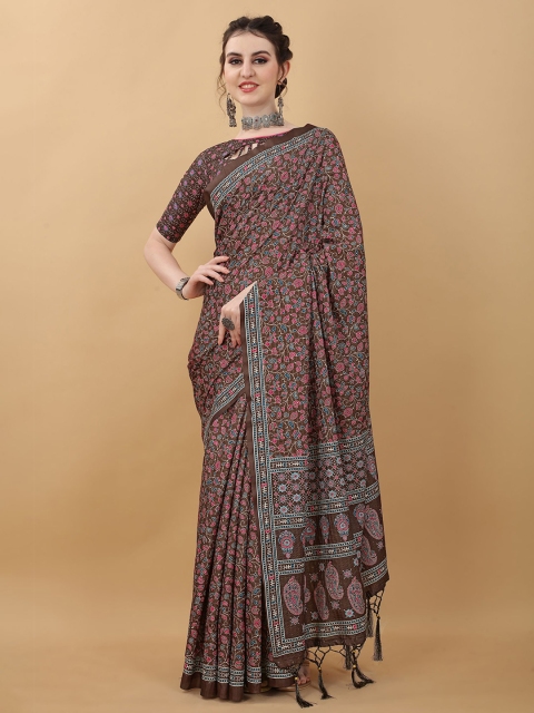 

kasee Coffee Brown & Pink Floral Satin Saree
