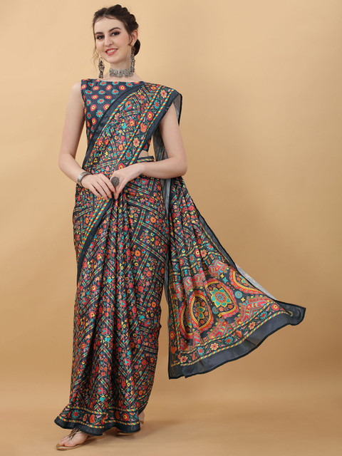 

kasee Grey & Orange Printed Woven Design Satin Saree