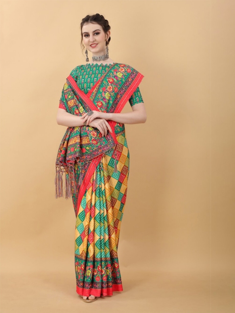 

kasee Green & Red Printed Geometric Satin Saree