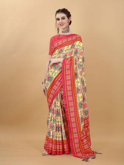 

kasee Beige & Green Printed Floral Satin Saree