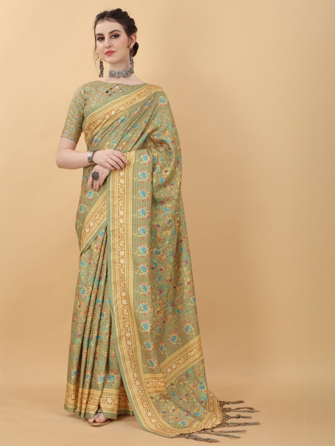 

kasee Green & Brown Printed Floral Satin Saree