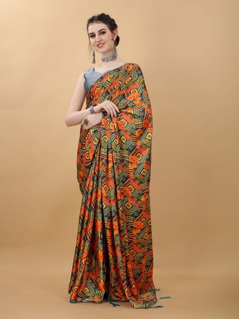 

kasee Green & Orange Printed Bandhani Satin Saree