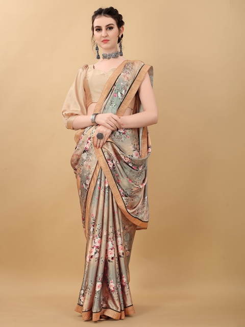 

kasee Grey & Beige Printed Floral Satin Saree