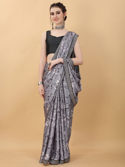 

kasee Grey & White Printed Floral Satin Saree