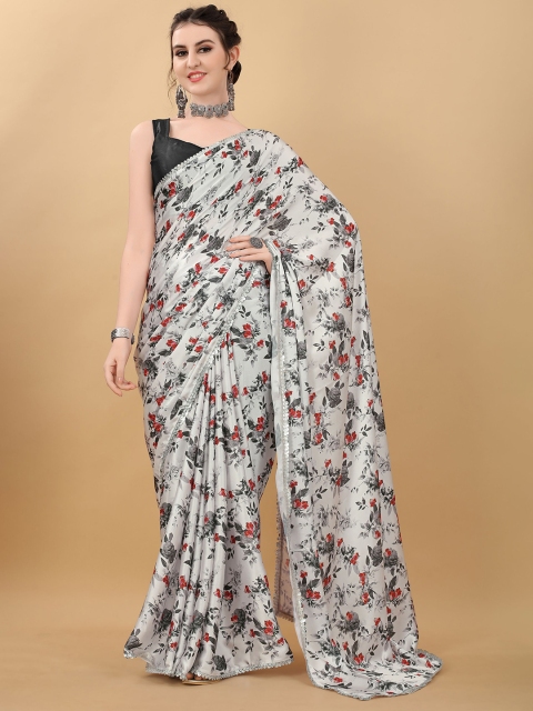 

kasee White & Grey Printed Floral Satin Saree