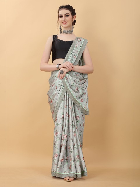 

kasee Grey & Green Printed Floral Satin Saree