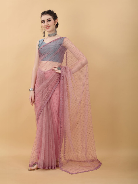 

kasee Pink & Gold-Toned Printed Embroidered Net Heavy Work Saree